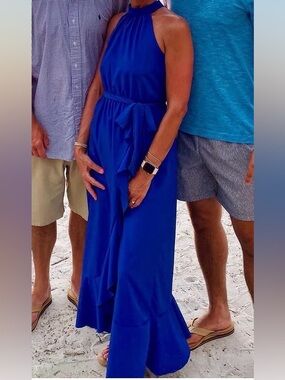 Sleeveless Royal Blue Halter Maxi Dress with Waist Tie